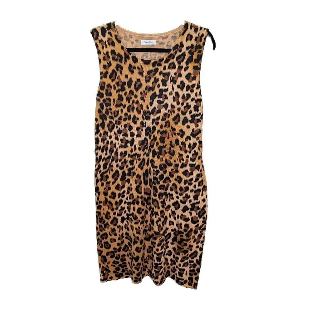 Calvin Klein Women's Large Sleeveless Leopard Dress Round Neck Thin Sweater Mate